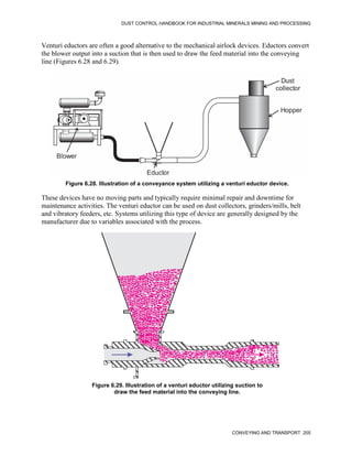 DUST CONTROL HANDBOOK FOR INDUSTRIAL MINERALS MINING AND PROCESSING
CONVEYING AND TRANSPORT 205
Venturi eductors are often a good alternative to the mechanical airlock devices. Eductors convert
the blower output into a suction that is then used to draw the feed material into the conveying
line (Figures 6.28 and 6.29).
Figure 6.28. Illustration of a conveyance system utilizing a venturi eductor device.
Blower
Eductor
Dust
collector
Hopper
These devices have no moving parts and typically require minimal repair and downtime for
maintenance activities. The venturi eductor can be used on dust collectors, grinders/mills, belt
and vibratory feeders, etc. Systems utilizing this type of device are generally designed by the
manufacturer due to variables associated with the process.
Figure 6.29. Illustration of a venturi eductor utilizing suction to
draw the feed material into the conveying line.
 