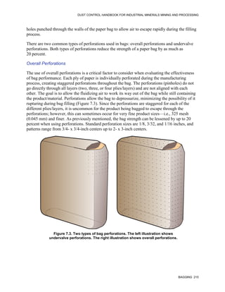 DUST CONTROL HANDBOOK FOR INDUSTRIAL MINERALS MINING AND PROCESSING
BAGGING 215
holes punched through the walls of the paper bag to allow air to escape rapidly during the filling
process.
There are two common types of perforations used in bags: overall perforations and undervalve
perforations. Both types of perforations reduce the strength of a paper bag by as much as
20 percent.
Overall Perforations
The use of overall perforations is a critical factor to consider when evaluating the effectiveness
of bag performance. Each ply of paper is individually perforated during the manufacturing
process, creating staggered perforations throughout the bag. The perforations (pinholes) do not
go directly through all layers (two, three, or four plies/layers) and are not aligned with each
other. The goal is to allow the fluidizing air to work its way out of the bag while still containing
the product/material. Perforations allow the bag to depressurize, minimizing the possibility of it
rupturing during bag filling (Figure 7.3). Since the perforations are staggered for each of the
different plies/layers, it is uncommon for the product being bagged to escape through the
perforations; however, this can sometimes occur for very fine product sizes—i.e., 325 mesh
(0.045 mm) and finer. As previously mentioned, the bag strength can be lessened by up to 20
percent when using perforations. Standard perforation sizes are 1/8, 3/32, and 1/16 inches, and
patterns range from 3/4- x 3/4-inch centers up to 2- x 3-inch centers.
Figure 7.3. Two types of bag perforations. The left illustration shows
undervalve perforations. The right illustration shows overall perforations.
 