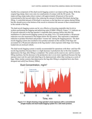 DUST CONTROL HANDBOOK FOR INDUSTRIAL MINERALS MINING AND PROCESSING
BAGGING 225
Another key component of this dual-nozzle bagging system is an improved bag clamp. With the
original bag clamp, there were only two small points of contact with the fill nozzle. The
improved bag clamp makes direct contact with approximately 60 percent of the nozzle
(concentrated at the top and sides), thus reducing the amount of product blowback during bag
filling. A controlled amount of blowback is necessary so the bag does not rupture during filling,
but this should occur at the bottom of the nozzle to minimize the amount of dust contamination
to the outside of the bag.
The dual-nozzle bagging system can be very effective at lowering respirable dust levels to
workers performing the bagging and palletizing tasks [USBM 1984a,b]. Figure 7.11 indicates an
83 percent reduction in the bag operator’s respirable dust exposure before and after the
installation of a dual-nozzle bagging system at one plant. For a 325 mesh product, a 90 percent
reduction was also measured in the hopper below the fill station. This represents a substantial
reduction in product blowback and product “rooster tail” during the bagging process. The dual-
nozzle bagging system also resulted in less product and dust on the outside of the bags and
accounted for a 90 percent reduction in the bag stacker’s dust exposure while bags were being
loaded into an enclosed vehicle.
The dual-nozzle bagging system is mainly recommended for operations with three- and four-fill-
nozzle bag machines because there is a slight decrease in production due to the time needed to
depressurize the bags after filling is completed. The system can be used on one- and two-nozzle
filling machines, but the decrease in the production rate is even more significant because the bag
operator must wait for each individual bag to be depressurized, rather than waiting on a cycle of
bags. Other similar systems that depressurize the bag after filling is completed have also been
designed and sold [Case History 2006a].
Figure 7.11. Graph showing a bag operator’s dust exposure with a conventional
(single-nozzle) and dual-nozzle bagging system for a 325 mesh product.
0
1.0
0.5
0.0
5 10 15 20
Time, min
Dust Concentration, mg/m3
Dual-nozzle
bagging system
Conventional
system
 