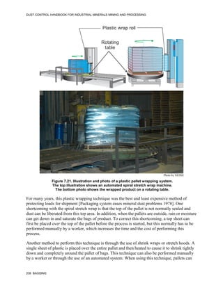 DUST CONTROL HANDBOOK FOR INDUSTRIAL MINERALS MINING AND PROCESSING
238 BAGGING
Figure 7.21. Illustration and photo of a plastic pallet wrapping system.
The top illustration shows an automated spiral stretch wrap machine.
The bottom photo shows the wrapped product on a rotating table.
Plastic wrap roll
Rotating
table
Photo by NIOSH
For many years, this plastic wrapping technique was the best and least expensive method of
protecting loads for shipment [Packaging system eases mineral dust problems 1978]. One
shortcoming with the spiral stretch wrap is that the top of the pallet is not normally sealed and
dust can be liberated from this top area. In addition, when the pallets are outside, rain or moisture
can get down in and saturate the bags of product. To correct this shortcoming, a top sheet can
first be placed over the top of the pallet before the process is started, but this normally has to be
performed manually by a worker, which increases the time and the cost of performing this
process.
Another method to perform this technique is through the use of shrink wraps or stretch hoods. A
single sheet of plastic is placed over the entire pallet and then heated to cause it to shrink tightly
down and completely around the pallet of bags. This technique can also be performed manually
by a worker or through the use of an automated system. When using this technique, pallets can
 