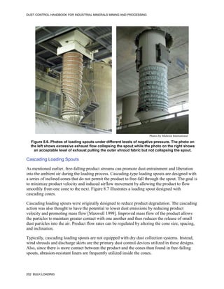 DUST CONTROL HANDBOOK FOR INDUSTRIAL MINERALS MINING AND PROCESSING
252 BULK LOADING
Figure 8.6. Photos of loading spouts under different levels of negative pressure. The photo on
the left shows excessive exhaust flow collapsing the spout while the photo on the right shows
an acceptable level of exhaust pulling the outer shroud fabric but not collapsing the spout.
Photos by Midwest International
Cascading Loading Spouts
As mentioned earlier, free-falling product streams can promote dust entrainment and liberation
into the ambient air during the loading process. Cascading-type loading spouts are designed with
a series of inclined cones that do not permit the product to free-fall through the spout. The goal is
to minimize product velocity and induced airflow movement by allowing the product to flow
smoothly from one cone to the next. Figure 8.7 illustrates a loading spout designed with
cascading cones.
Cascading loading spouts were originally designed to reduce product degradation. The cascading
action was also thought to have the potential to lower dust emissions by reducing product
velocity and promoting mass flow [Maxwell 1999]. Improved mass flow of the product allows
the particles to maintain greater contact with one another and thus reduces the release of small
dust particles into the air. Product flow rates can be regulated by altering the cone size, spacing,
and inclination.
Typically, cascading loading spouts are not equipped with dry dust collection systems. Instead,
wind shrouds and discharge skirts are the primary dust control devices utilized in these designs.
Also, since there is more contact between the product and the cones than found in free-falling
spouts, abrasion-resistant liners are frequently utilized inside the cones.
 
