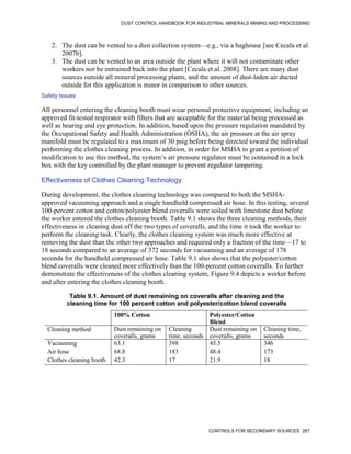 DUST CONTROL HANDBOOK FOR INDUSTRIAL MINERALS MINING AND PROCESSING
CONTROLS FOR SECONDARY SOURCES 267
2. The dust can be vented to a dust collection system—e.g., via a baghouse [see Cecala et al.
2007b].
3. The dust can be vented to an area outside the plant where it will not contaminate other
workers nor be entrained back into the plant [Cecala et al. 2008]. There are many dust
sources outside all mineral processing plants, and the amount of dust-laden air ducted
outside for this application is minor in comparison to other sources.
Safety Issues
All personnel entering the cleaning booth must wear personal protective equipment, including an
approved fit-tested respirator with filters that are acceptable for the material being processed as
well as hearing and eye protection. In addition, based upon the pressure regulation mandated by
the Occupational Safety and Health Administration (OSHA), the air pressure at the air spray
manifold must be regulated to a maximum of 30 psig before being directed toward the individual
performing the clothes cleaning process. In addition, in order for MSHA to grant a petition of
modification to use this method, the system’s air pressure regulator must be contained in a lock
box with the key controlled by the plant manager to prevent regulator tampering.
Effectiveness of Clothes Cleaning Technology
During development, the clothes cleaning technology was compared to both the MSHA-
approved vacuuming approach and a single handheld compressed air hose. In this testing, several
100-percent cotton and cotton/polyester blend coveralls were soiled with limestone dust before
the worker entered the clothes cleaning booth. Table 9.1 shows the three cleaning methods, their
effectiveness in cleaning dust off the two types of coveralls, and the time it took the worker to
perform the cleaning task. Clearly, the clothes cleaning system was much more effective at
removing the dust than the other two approaches and required only a fraction of the time—17 to
18 seconds compared to an average of 372 seconds for vacuuming and an average of 178
seconds for the handheld compressed air hose. Table 9.1 also shows that the polyester/cotton
blend coveralls were cleaned more effectively than the 100-percent cotton coveralls. To further
demonstrate the effectiveness of the clothes cleaning system, Figure 9.4 depicts a worker before
and after entering the clothes cleaning booth.
Table 9.1. Amount of dust remaining on coveralls after cleaning and the
cleaning time for 100 percent cotton and polyester/cotton blend coveralls
- 100% Cotton - Polyester/Cotton
Blend
-
Cleaning method Dust remaining on
coveralls, grams
Cleaning
time, seconds
Dust remaining on
coveralls, grams
Cleaning time,
seconds
Vacuuming
Air hose
Clothes cleaning booth
63.1
68.8
42.3
398
183
17
45.5
48.4
21.9
346
173
18
 