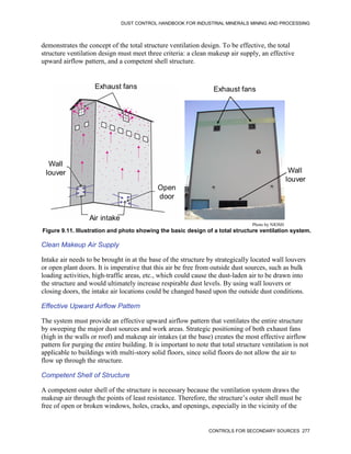 DUST CONTROL HANDBOOK FOR INDUSTRIAL MINERALS MINING AND PROCESSING
CONTROLS FOR SECONDARY SOURCES 277
demonstrates the concept of the total structure ventilation design. To be effective, the total
structure ventilation design must meet three criteria: a clean makeup air supply, an effective
upward airflow pattern, and a competent shell structure.
Figure 9.11. Illustration and photo showing the basic design of a total structure ventilation system.
Exhaust fans
Wall
louver
Exhaust fans
Air intake
Open
door
Wall
louver
Photo by NIOSH
Clean Makeup Air Supply
Intake air needs to be brought in at the base of the structure by strategically located wall louvers
or open plant doors. It is imperative that this air be free from outside dust sources, such as bulk
loading activities, high-traffic areas, etc., which could cause the dust-laden air to be drawn into
the structure and would ultimately increase respirable dust levels. By using wall louvers or
closing doors, the intake air locations could be changed based upon the outside dust conditions.
Effective Upward Airflow Pattern
The system must provide an effective upward airflow pattern that ventilates the entire structure
by sweeping the major dust sources and work areas. Strategic positioning of both exhaust fans
(high in the walls or roof) and makeup air intakes (at the base) creates the most effective airflow
pattern for purging the entire building. It is important to note that total structure ventilation is not
applicable to buildings with multi-story solid floors, since solid floors do not allow the air to
flow up through the structure.
Competent Shell of Structure
A competent outer shell of the structure is necessary because the ventilation system draws the
makeup air through the points of least resistance. Therefore, the structure’s outer shell must be
free of open or broken windows, holes, cracks, and openings, especially in the vicinity of the
 