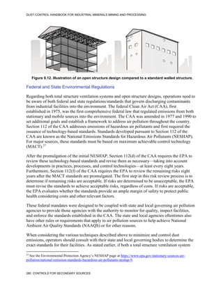 DUST CONTROL HANDBOOK FOR INDUSTRIAL MINERALS MINING AND PROCESSING
280 CONTROLS FOR SECONDARY SOURCES
Figure 9.12. Illustration of an open structure design compared to a standard walled structure.
Federal and State Environmental Regulations
Regarding both total structure ventilation systems and open structure designs, operations need to
be aware of both federal and state regulations/standards that govern discharging contaminants
from industrial facilities into the environment. The federal Clean Air Act (CAA), first
established in 1975, was the first comprehensive federal law that regulated emissions from both
stationary and mobile sources into the environment. The CAA was amended in 1977 and 1990 to
set additional goals and establish a framework to address air pollution throughout the country.
Section 112 of the CAA addresses emissions of hazardous air pollutants and first required the
issuance of technology-based standards. Standards developed pursuant to Section 112 of the
CAA are known as the National Emissions Standards for Hazardous Air Pollutants (NESHAP).
For major sources, these standards must be based on maximum achievable control technology
(MACT).27
27
See the Environmental Protection Agency’s NESHAP page at https://www.epa.gov/stationary-sources-air-
pollution/national-emission-standards-hazardous-air-pollutants-neshap-9.
After the promulgation of the initial NESHAP, Section 112(d) of the CAA requires the EPA to
review these technology-based standards and revise them as necessary—taking into account
developments in practices, processes, and control technologies—at least every eight years.
Furthermore, Section 112(f) of the CAA requires the EPA to review the remaining risks eight
years after the MACT standards are promulgated. The first step in this risk review process is to
determine if remaining risks are acceptable. If risks are determined to be unacceptable, the EPA
must revise the standards to achieve acceptable risks, regardless of costs. If risks are acceptable,
the EPA evaluates whether the standards provide an ample margin of safety to protect public
health considering costs and other relevant factors.
These federal mandates were designed to be coupled with state and local governing air pollution
agencies to provide those agencies with the authority to monitor for quality, inspect facilities,
and enforce the standards established in the CAA. The state and local agencies oftentimes also
have other rules or requirements that apply to air pollution sources to help achieve National
Ambient Air Quality Standards (NAAQS) or for other reasons.
When considering the various techniques described above to minimize and control dust
emissions, operators should consult with their state and local governing bodies to determine the
exact standards for their facilities. As stated earlier, if both a total structure ventilation system
 