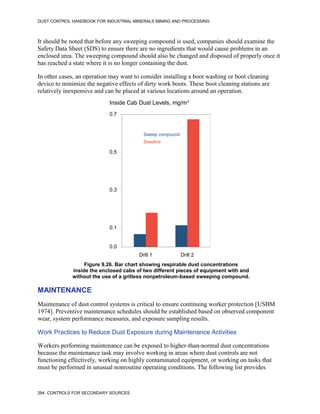 DUST CONTROL HANDBOOK FOR INDUSTRIAL MINERALS MINING AND PROCESSING
294 CONTROLS FOR SECONDARY SOURCES
It should be noted that before any sweeping compound is used, companies should examine the
Safety Data Sheet (SDS) to ensure there are no ingredients that would cause problems in an
enclosed area. The sweeping compound should also be changed and disposed of properly once it
has reached a state where it is no longer containing the dust.
In other cases, an operation may want to consider installing a boot washing or boot cleaning
device to minimize the negative effects of dirty work boots. These boot cleaning stations are
relatively inexpensive and can be placed at various locations around an operation.
Figure 9.26. Bar chart showing respirable dust concentrations
inside the enclosed cabs of two different pieces of equipment with and
without the use of a gritless nonpetroleum-based sweeping compound.
Drill 1 Drill 2
0.1
0.0
0.3
0.5
0.7
Inside Cab Dust Levels, mg/m3
Sweep compound
Baseline
MAINTENANCE
Maintenance of dust control systems is critical to ensure continuing worker protection [USBM
1974]. Preventive maintenance schedules should be established based on observed component
wear, system performance measures, and exposure sampling results.
Work Practices to Reduce Dust Exposure during Maintenance Activities
Workers performing maintenance can be exposed to higher-than-normal dust concentrations
because the maintenance task may involve working in areas where dust controls are not
functioning effectively, working on highly contaminated equipment, or working on tasks that
must be performed in unusual nonroutine operating conditions. The following list provides
 