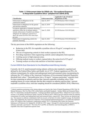 DUST CONTROL HANDBOOK FOR INDUSTRIAL MINERALS MINING AND PROCESSING
OVERVIEW OF DUST EXPOSURE ASSESSMENT AND CONTROL 9
Table 1.1 Enforcement dates for OSHA rule, “Occupational Exposure
to Respirable Crystalline Silica” [adapted from OSHA 2018]
Classification Enforcement date
Applicable Code of Federal
Regulations (CFR)
Enforcement of obligations for the
construction industry
June 23, 2017 29 CFR Section 1926.1153(k)(2)
Enforcement of obligations for the general
and maritime industries
June 23, 2018 29 CFR Section 1910.1053(l)(2)
Exceptions applicable to hydraulic fracturing
operations within the oil and gas industry
include enforcement of medical surveillance
obligations for employees exposed at or
above the action level for 30 or more days
per year
June 23, 2020 29 CFR Section 1910.1053(l)(4)
Enforcement of engineering controls for
hydraulic fracturing
June 23, 2021 29 CFR Section 1910.1053(l)(3)(ii)
The key provisions of the OSHA regulation are the following:
• Reduction in the PEL for respirable crystalline silica to 50 µg/m3
, averaged over an
8-hour shift.
• The use of engineering controls to limit worker exposure to the PEL.
• Providing respirators when engineering controls cannot adequately limit exposure.
• Limiting access to high-exposure areas.
• Offering medical exams to workers exposed above the action level of 25 µg/m3
.
• Training workers on silica risks and how to limit their exposures.
Current MSHA Dust Standards for the Metal/Nonmetal Mining Industry
Currently, the U.S. metal/nonmetal mining industry airborne dust standard is regulated and
defined by the Federal Mine Safety and Health Act of 1977. Federal regulations set PELs for
airborne contaminants for surface and underground metal and nonmetal mines incorporating by
reference the 1973 edition of the American Conference of Governmental Industrial Hygienists
threshold limit values.
3
That publication lists a 10 mg/m3
“nuisance particulate” exposure limit
for dust containing no asbestos and less than 1percent respirable crystalline silica. If the
sampling history at a mine indicates that the dust contains no asbestos and less than 1 percent
respirable crystalline silica, total dust sampling should be considered [MSHA 2018]. Otherwise,
3
Federal regulations pertaining to the mining industry are listed in the Code of Federal Regulations (CFR) Title 30,
Mineral Resources. Part 56 of this CFR is titled Safety and Health Standards—Surface Metal and Nonmetal Mines;
Part 57 is titled Safety and Health Standards—Underground Metal and Nonmetal Mines. Subpart D of each of these
sections is Air Quality and Physical Agents. Sections 56.5001(a) and 57.5001(a) govern exposure limits for airborne
contaminants for surface and underground metal and nonmetal mines, respectively. These sections are identical and
say, “the exposure to airborne contaminants shall not exceed, on the basis of a time-weighted average, the threshold
limit values adopted by the American Conference of Governmental Industrial Hygienists, as set forth and explained
in the 1973 edition of the Conference’s publication entitled ‘TLV’s Threshold Limit Values for Chemical
Substances in Workroom Air Adopted by ACGIH for 1973,’ pages 1 through 54, which are hereby incorporated by
reference and made a part hereof.” The terms TLV and PEL are therefore used interchangeably as MSHA’s
respirable silica dust occupational exposure limit.
 
