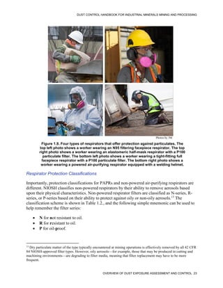 DUST CONTROL HANDBOOK FOR INDUSTRIAL MINERALS MINING AND PROCESSING
OVERVIEW OF DUST EXPOSURE ASSESSMENT AND CONTROL 23
Figure 1.9. Four types of respirators that offer protection against particulates. The
top left photo shows a worker wearing an N95 filtering facepiece respirator. The top
right photo shows a worker wearing an elastomeric half-mask respirator with a P100
particulate filter. The bottom left photo shows a worker wearing a tight-fitting full
facepiece respirator with a P100 particulate filter. The bottom right photo shows a
worker wearing a powered air-purifying respirator equipped with a welding helmet.
Photos by 3M
Respirator Protection Classifications
Importantly, protection classifications for PAPRs and non-powered air-purifying respirators are
different. NIOSH classifies non-powered respirators by their ability to remove aerosols based
upon their physical characteristics. Non-powered respirator filters are classified as N-series, R-
series, or P-series based on their ability to protect against oily or non-oily aerosols.13
The
classification scheme is shown in Table 1.2., and the following simple mnemonic can be used to
help remember the filter series:
 N for not resistant to oil.
 R for resistant to oil.
 P for oil-proof.
13
Dry particulate matter of the type typically encountered at mining operations is effectively removed by all 42 CFR
84 NIOSH-approved filter types. However, oily aerosols—for example, those that may be produced in cutting and
machining environments—are degrading to filter media, meaning that filter replacement may have to be more
frequent.
 