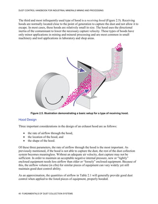 DUST CONTROL HANDBOOK FOR INDUSTRIAL MINERALS MINING AND PROCESSING
40 FUNDAMENTALS OF DUST COLLECTION SYSTEMS
The third and most infrequently used type of hood is a receiving hood (Figure 2.5). Receiving
hoods are normally located close to the point of generation to capture the dust and not allow it to
escape. In most cases, these hoods are relatively small in size. The hood uses the directional
inertia of the contaminant to lower the necessary capture velocity. These types of hoods have
only minor applications in mining and mineral processing and are most common in small
machinery and tool applications in laboratory and shop areas.
Figure 2.5. Illustration demonstrating a basic setup for a type of receiving hood.
Hood Design
Three important considerations in the design of an exhaust hood are as follows:
 the rate of airflow through the hood,
 the location of the hood, and
 the shape of the hood.
Of these three parameters, the rate of airflow through the hood is the most important. As
previously mentioned, if the hood is not able to capture the dust, the rest of the dust collection
system becomes meaningless. Without an adequate air velocity, dust capture may not be
sufficient. In order to maintain an acceptable negative internal pressure, new or “tightly”
enclosed equipment needs less airflow than older or “loosely” enclosed equipment. Because of
this, the airflow volume (in cfm) for similar pieces of equipment can vary widely yet still
maintain good dust control ability.
As an approximation, the quantities of airflow in Table 2.1 will generally provide good dust
control when applied to the listed pieces of equipment, properly hooded.
 