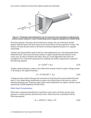 DUST CONTROL HANDBOOK FOR INDUSTRIAL MINERALS MINING AND PROCESSING
44 FUNDAMENTALS OF DUST COLLECTION SYSTEMS
Figure 2.7. Illustration demonstrating the use of a hood entry loss calculation to determine the
exhaust volume needed for a basic freestanding hood arrangement [adapted from ACGIH 2010].
X
Dust source
Ah
Q
From this equation, it becomes obvious that the air velocity, the size of the hood, and the
distance from the hood to the dust source are all critical factors for the required air volume. The
distance (X) from the dust source to the hood is extremely important because it is a squared
relationship.
Another issue that should be noted is that for a freestanding hood, air is also being pulled from
behind the hood. This lessens the hood’s ability to capture and pull the dust-laden air in the
source area. In order to minimize this effect, there are several approaches that need to be
considered. First, if the hood is positioned on a tabletop, the airflow requirement is reduced to
the following equation:
𝑄 = 𝑉𝑋(5𝑋2
+ 𝐴ℎ) (2.4)
Another simple technique to improve the airflow from around a hood is to place a flange around
it. By doing so, the equation becomes:
𝑄 = 0.75𝑉
𝑥(10𝑋2
+ 𝐴ℎ) (2.5)
A flange provides a barrier that prevents unwanted air from being drawn from behind the hood
and is a very simple design modification to improve the effectiveness of the hood, as well as
reducing operating costs. Numerous other factors and considerations for capture velocities can be
found in the ACGIH handbook [ACGIH 2010].
Other Hood Considerations
When dust is captured and pulled into a hood from a dust source, the hood converts static
pressure to velocity pressure and hood entry losses. Hood entry loss is calculated with the
following equation:
𝐻𝑒 = (𝐾)(𝑉𝑃) = |𝑆𝑃ℎ| = 𝑉𝑃 (2.6)
 