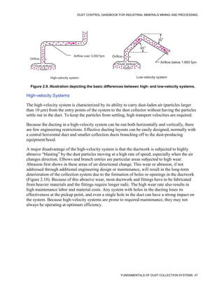 DUST CONTROL HANDBOOK FOR INDUSTRIAL MINERALS MINING AND PROCESSING
FUNDAMENTALS OF DUST COLLECTION SYSTEMS 47
Figure 2.9. Illustration depicting the basic differences between high- and low-velocity systems.
High-velocity system
Low-velocity system
45
Airflow below 1,800 fpm
30
Orifice
Dust pickup
hood
Airflow over 3,000 fpm
Orifice
Dust pickup
hood
High-velocity system
Low-velocity system
45
Airflow below 1,800 fpm
30
Orifice
Dust pickup
hood
Orifice
Dust pickup
hood
High-velocity Systems
The high-velocity system is characterized by its ability to carry dust-laden air (particles larger
than 10 μm) from the entry points of the system to the dust collector without having the particles
settle out in the duct. To keep the particles from settling, high transport velocities are required.
Because the ducting in a high-velocity system can be run both horizontally and vertically, there
are few engineering restrictions. Effective ducting layouts can be easily designed, normally with
a central horizontal duct and smaller collection ducts branching off to the dust-producing
equipment/hood.
A major disadvantage of the high-velocity system is that the ductwork is subjected to highly
abrasive “blasting” by the dust particles moving at a high rate of speed, especially when the air
changes direction. Elbows and branch entries are particular areas subjected to high wear.
Abrasion first shows in these areas of air directional change. This wear or abrasion, if not
addressed through additional engineering design or maintenance, will result in the long-term
deterioration of the collection system due to the formation of holes or openings in the ductwork
(Figure 2.10). Because of this abrasive wear, most ductwork and fittings have to be fabricated
from heavier materials and the fittings require longer radii. The high wear rate also results in
high maintenance labor and material costs. Any system with holes in the ducting loses its
effectiveness at the pickup point, and even a single hole in the duct can have a strong impact on
the system. Because high-velocity systems are prone to required maintenance, they may not
always be operating at optimum efficiency.
 