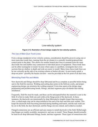 DUST CONTROL HANDBOOK FOR INDUSTRIAL MINERALS MINING AND PROCESSING
FUNDAMENTALS OF DUST COLLECTION SYSTEMS 51
Figure 2.12. Illustration of duct design angles for low-velocity systems.
Low-velocity system
45 Minimum
A
i
r
f
l
o
w
Airflow
30 Minimum
The Use of Main Duct Trunk Lines
From a design standpoint in low-velocity systems, consideration should be given to using one or
more main duct trunk lines, running from the air cleaner to a centrally located proposed dust
control point in the plant. This allows for smaller branch duct lines to emanate from the main
duct trunk line and enables easy connection to individual pieces of equipment. These trunk lines
can be either rectangular or round. In areas where space is a problem, rectangular duct cross
sections that are shallow in depth and wide are easier to install. Many times these trunk lines can
be run vertically up the side of an existing column or bucket elevator. As previously noted, a
drop-out point—possibly the bucket elevator—must be provided at the low point of all duct runs.
Minimizing Field Fits and Welds
New ductwork and fittings should be shop fabricated and be as complete as possible before being
sent to the field for erection. Welding and cutting duct joints in the field are costly, and proper
engineering design can minimize the welding required. Extra time spent at the design stage
preplanning and prefabricating hoods, fittings, and duct segments pays dividends later during
installation.
Frequently, field fits must be made, and these can be anticipated before the material is sent to the
field. It is best to make field cuts and welds at the flange point of the ductwork. In these
instances, the ductwork can intentionally be shop fabricated to lengths longer than necessary.
Also, a rolled angle ring can be shop installed at the end of the duct and then tack welded. This
keeps the ductwork from becoming distorted during handling and transit, and the tack weld can
be cut in the field, the duct shortened, and the flange moved, rotated, and welded as needed.
Flanged connections are an efficient and easy means to install ductwork in the field. Rolled angle
ring flanges are readily available, inexpensive, and easy to install. These flanges should normally
be used on all shop fabricated fittings, hoods, and duct segments. These types of connections also
 