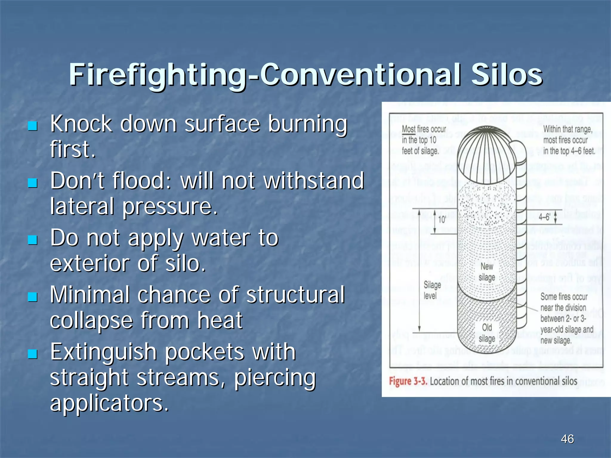 Firefighting-Conventional Silos
Knock down surface burning
first.
Don’t flood: will not withstand
lateral pressure.
Do not apply water to
exterior of silo.
Minimal chance of structural
collapse from heat
Extinguish pockets with
straight streams, piercing
applicators.
46

 