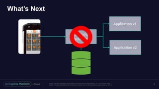 Unless otherwise indicated, these slides are © 2013 -2016 Piv otal Software, Inc. and licensed under a
Creative Commons Attribution-NonCommercial license: http://creativecommons.org/licenses/by-nc/3.0/
What’s Next
12
Application
Redirector
Application v1
Application v2
 