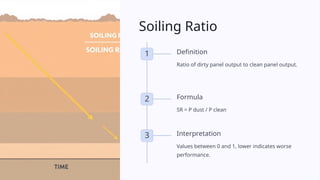 Soiling Ratio
1 Definition
Ratio of dirty panel output to clean panel output.
2 Formula
SR = P dust / P clean
3 Interpretation
Values between 0 and 1, lower indicates worse
performance.
 