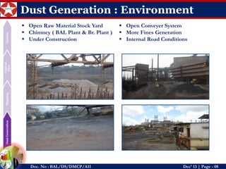 Dust Generation 
Mapping 
Control Plan 
Sustain 
Doc. No : BAL/DS/DMCP/A11Dec’ 13 | Page -08 
Dust Generation : Environment 
Open Raw Material Stock Yard 
Chimney ( BAL Plant & Br. Plant ) 
Under Construction 
Open Conveyer System 
More Fines Generation 
Internal Road Conditions  