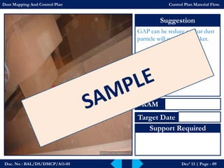 Doc. No : BAL/DS/DMCP/A11-05Dec’ 13 | Page -09 
Suggestion 
GAP can be reduce so that dust particle will go to the bunker. 
KAM 
Target Date 
Support Required 
Dust Mapping And Control PlanControl Plan Material Flow.  