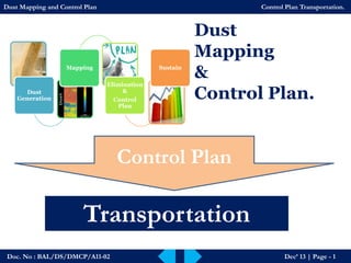 Doc. No : BAL/DS/DMCP/A11-02Dec’ 13 | Page -1 
Dust Mapping and Control PlanControl Plan Transportation. 
Dust Generation 
Mapping 
Elimination & 
Control Plan 
Sustain 
Dust 
Mapping 
& 
Control Plan. 
Control Plan 
Transportation  