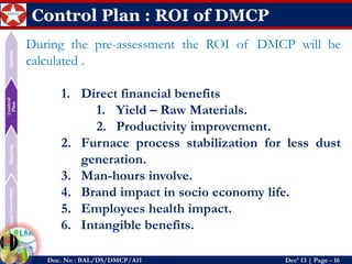 Dust Generation 
Mapping 
Control Plan 
Sustain 
Doc. No : BAL/DS/DMCP/A11Dec’ 13 | Page -16 
Control Plan : ROI of DMCP 
Duringthepre-assessmenttheROIofDMCPwillbecalculated. 
1.Directfinancialbenefits 
1.Yield–RawMaterials. 
2.Productivityimprovement. 
2.Furnaceprocessstabilizationforlessdustgeneration. 
3.Man-hoursinvolve. 
4.Brandimpactinsocioeconomylife. 
5.Employeeshealthimpact. 
6.Intangiblebenefits.  