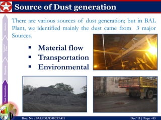Dust Generation 
Mapping 
Control Plan 
Sustain 
Doc. No : BAL/DS/DMCP/A11Dec’ 13 | Page -03 
Source of Dust generation 
Therearevarioussourcesofdustgeneration;butinBALPlant,weidentifiedmainlythedustcamefrom3majorSources. 
Material flow 
Transportation 
Environmental  