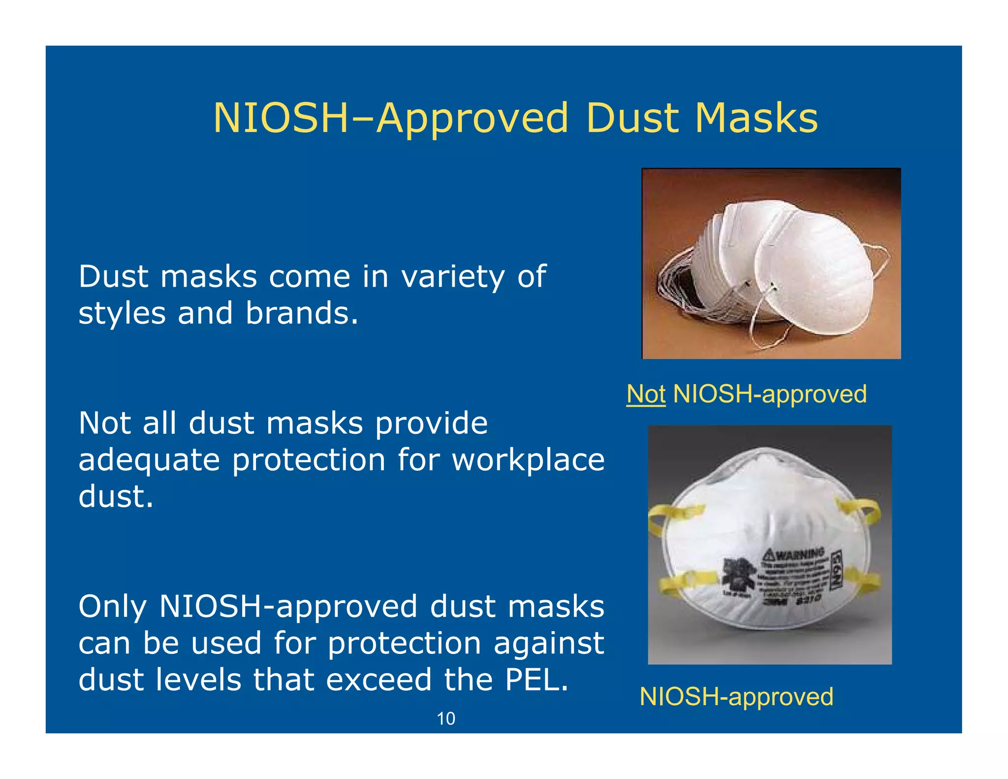 NIOSH–Approved Dust Masks


Dust masks come in variety of
styles and brands.

                                     Not NIOSH-approved
Not all dust masks provide
                   p
adequate protection for workplace
dust.


Only NIOSH-approved dust masks
can be used for protection against
    b      df       t ti      i t
dust levels that exceed the PEL.     NIOSH-approved
                       10
 
