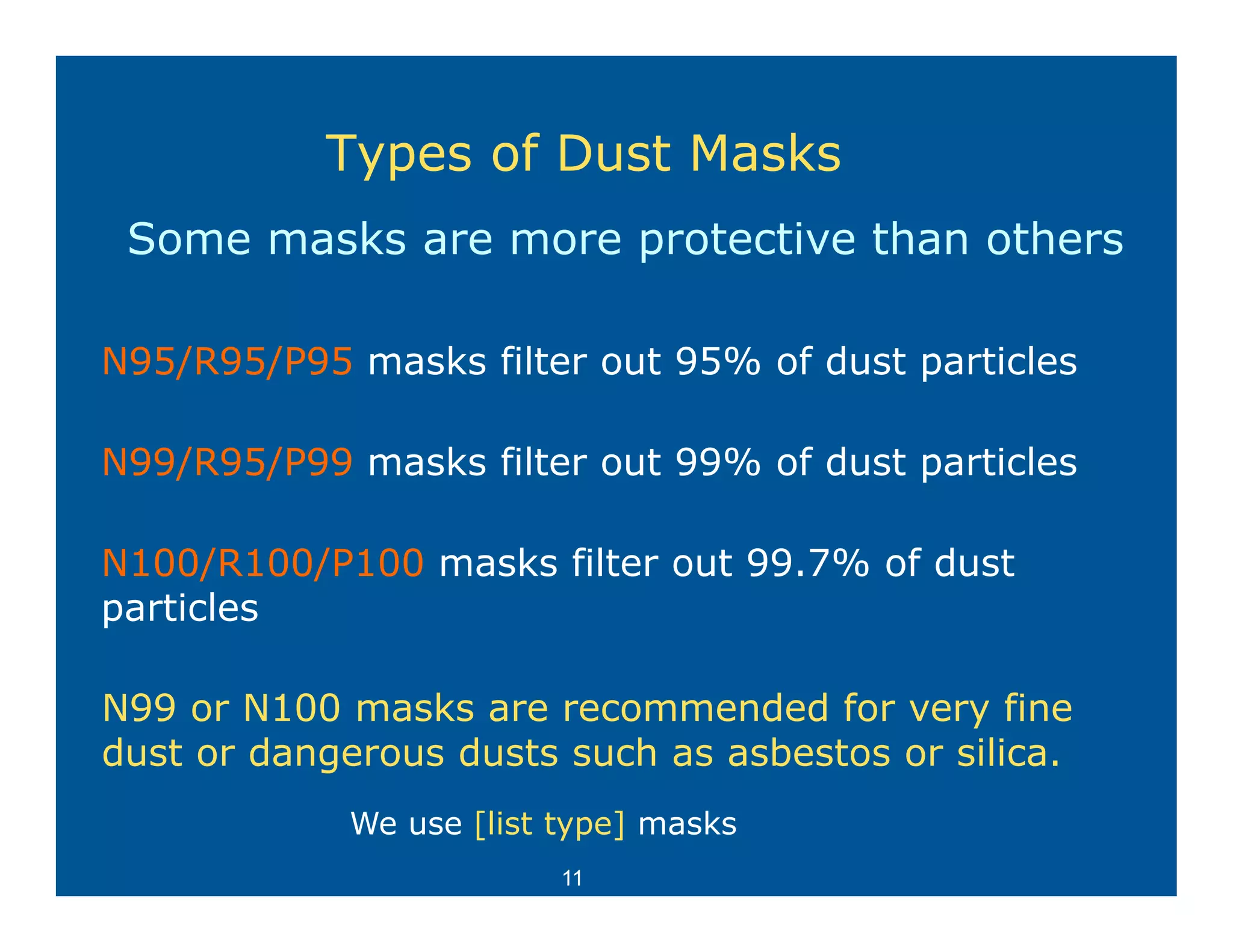 Types of Dust Masks
            yp
 Some masks are more protective than others

N95/R95/P95 masks filter out 95% of dust particles

N99/R95/P99 masks filter out 99% of dust particles

N100/R100/P100 masks filter out 99.7% of dust
particles

N99 or N100 masks are recommended for very fine
dust or dangerous dusts such as asbestos or silica.
             We use [list type] masks
                          11
 