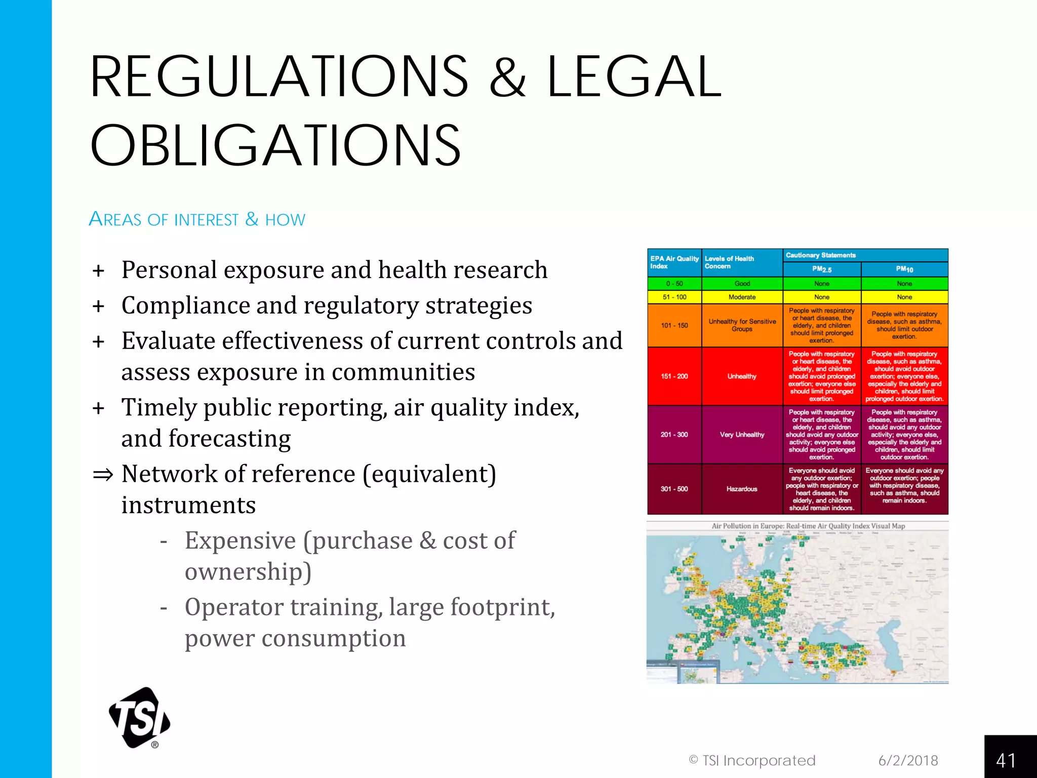 REGULATIONS & LEGAL
OBLIGATIONS
+ Personal exposure and health research
+ Compliance and regulatory strategies
+ Evaluate effectiveness of current controls and
assess exposure in communities
+ Timely public reporting, air quality index,
and forecasting
⇒ Network of reference (equivalent)
instruments
- Expensive (purchase & cost of
ownership)
- Operator training, large footprint,
power consumption
6/2/2018 41© TSI Incorporated
AREAS OF INTEREST & HOW
 