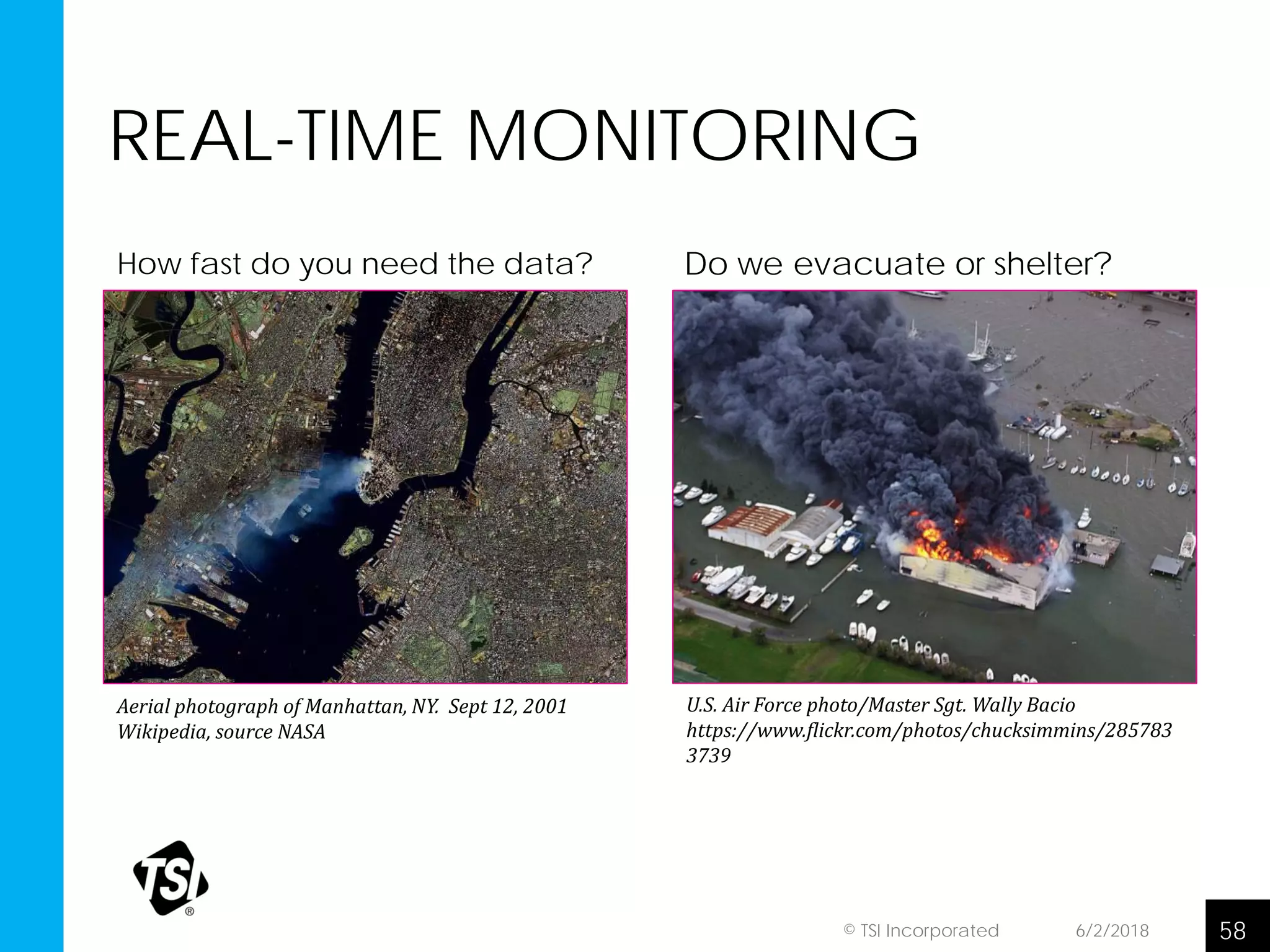 6/2/2018 58
REAL-TIME MONITORING
Aerial photograph of Manhattan, NY. Sept 12, 2001
Wikipedia, source NASA
How fast do you need the data?
© TSI Incorporated
Do we evacuate or shelter?
U.S. Air Force photo/Master Sgt. Wally Bacio
https://www.flickr.com/photos/chucksimmins/285783
3739
 