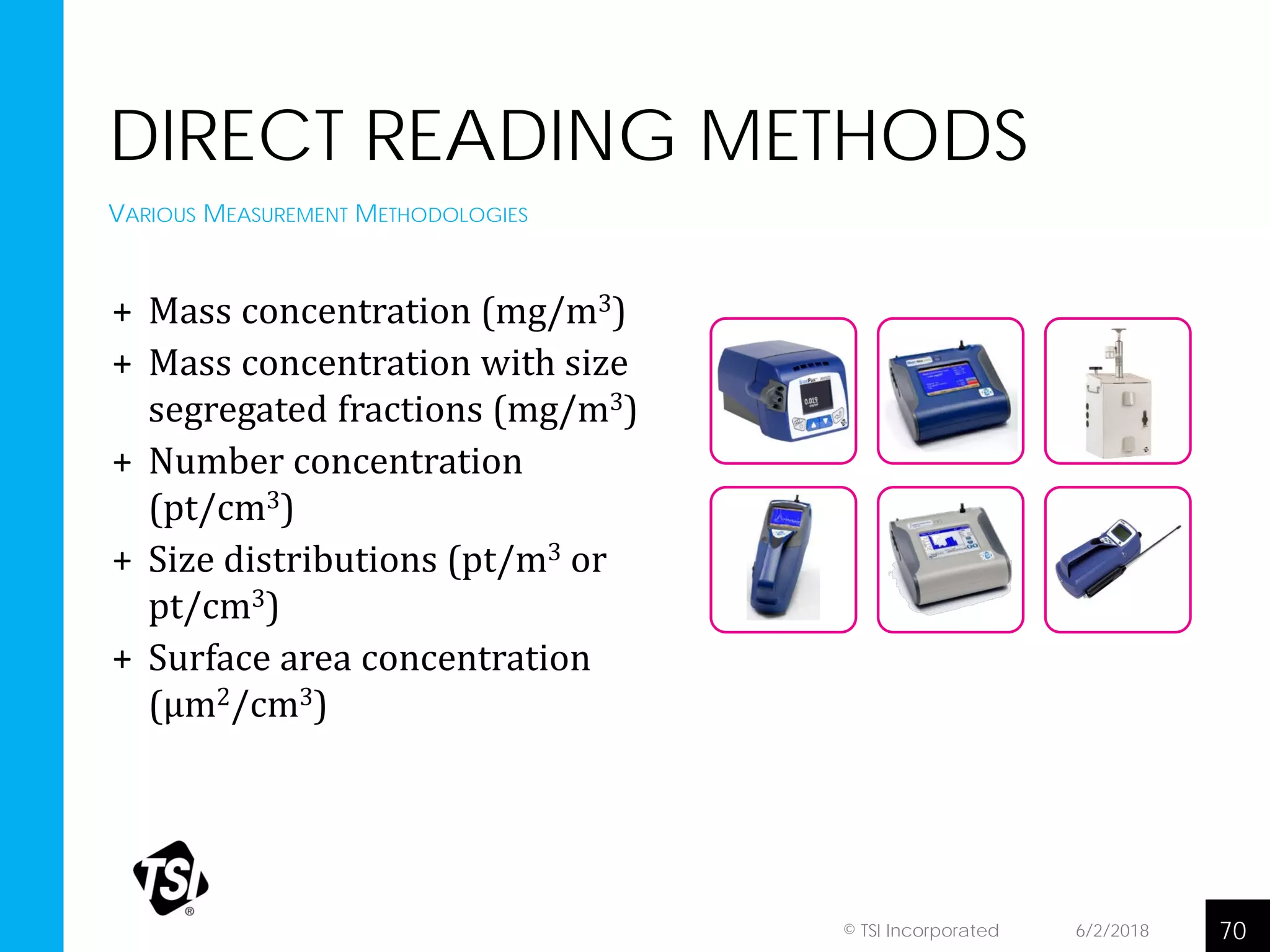 6/2/2018© TSI Incorporated 70
DIRECT READING METHODS
+ Mass concentration (mg/m3)
+ Mass concentration with size
segregated fractions (mg/m3)
+ Number concentration
(pt/cm3)
+ Size distributions (pt/m3 or
pt/cm3)
+ Surface area concentration
(µm2/cm3)
VARIOUS MEASUREMENT METHODOLOGIES
 