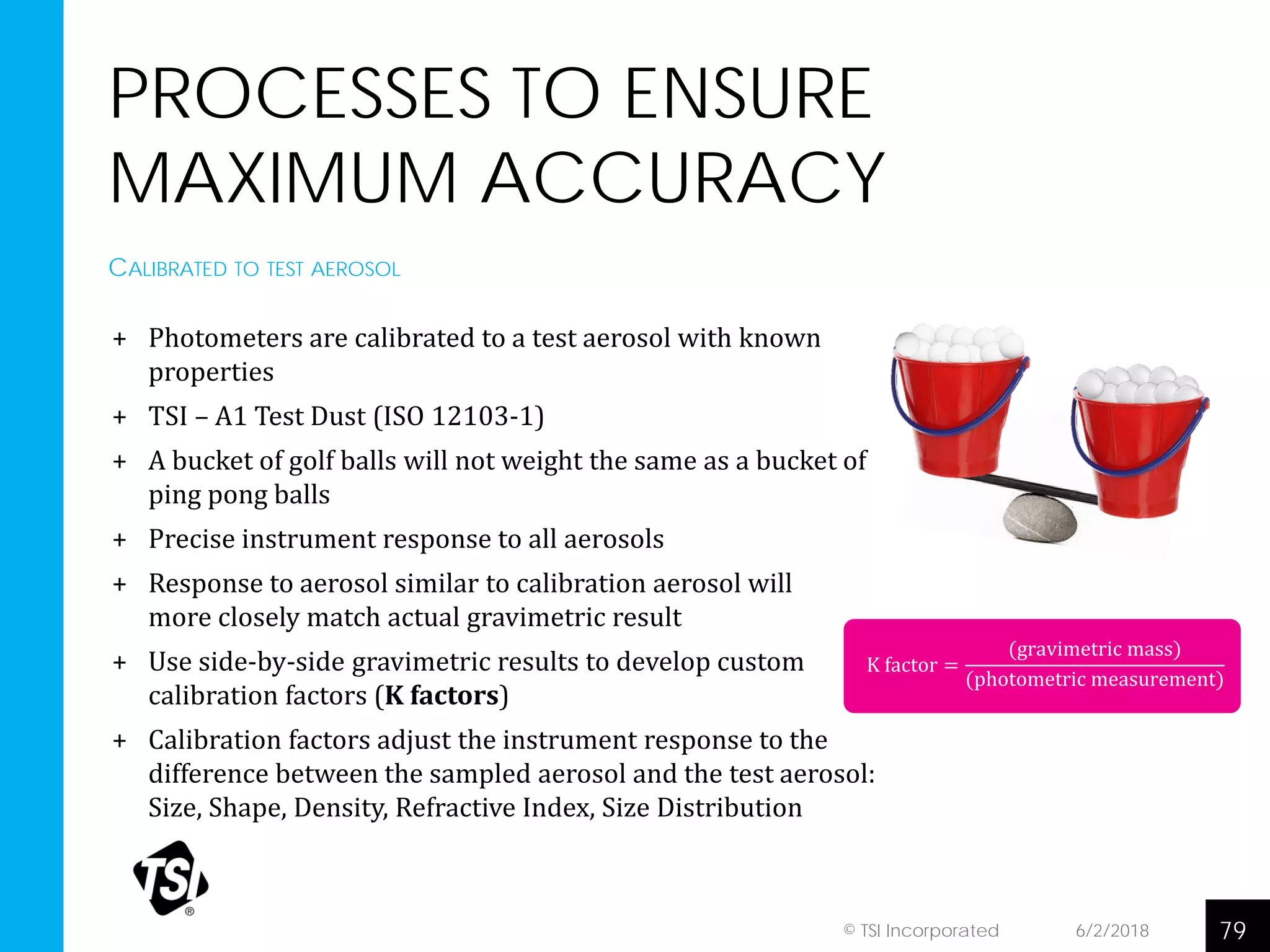 6/2/2018© TSI Incorporated 79
PROCESSES TO ENSURE
MAXIMUM ACCURACY
+ Photometers are calibrated to a test aerosol with known
properties
+ TSI – A1 Test Dust (ISO 12103-1)
+ A bucket of golf balls will not weight the same as a bucket of
ping pong balls
+ Precise instrument response to all aerosols
+ Response to aerosol similar to calibration aerosol will
more closely match actual gravimetric result
+ Use side-by-side gravimetric results to develop custom
calibration factors (K factors)
+ Calibration factors adjust the instrument response to the
difference between the sampled aerosol and the test aerosol:
Size, Shape, Density, Refractive Index, Size Distribution
CALIBRATED TO TEST AEROSOL
K factor =
(gravimetric mass)
(photometric measurement)
 