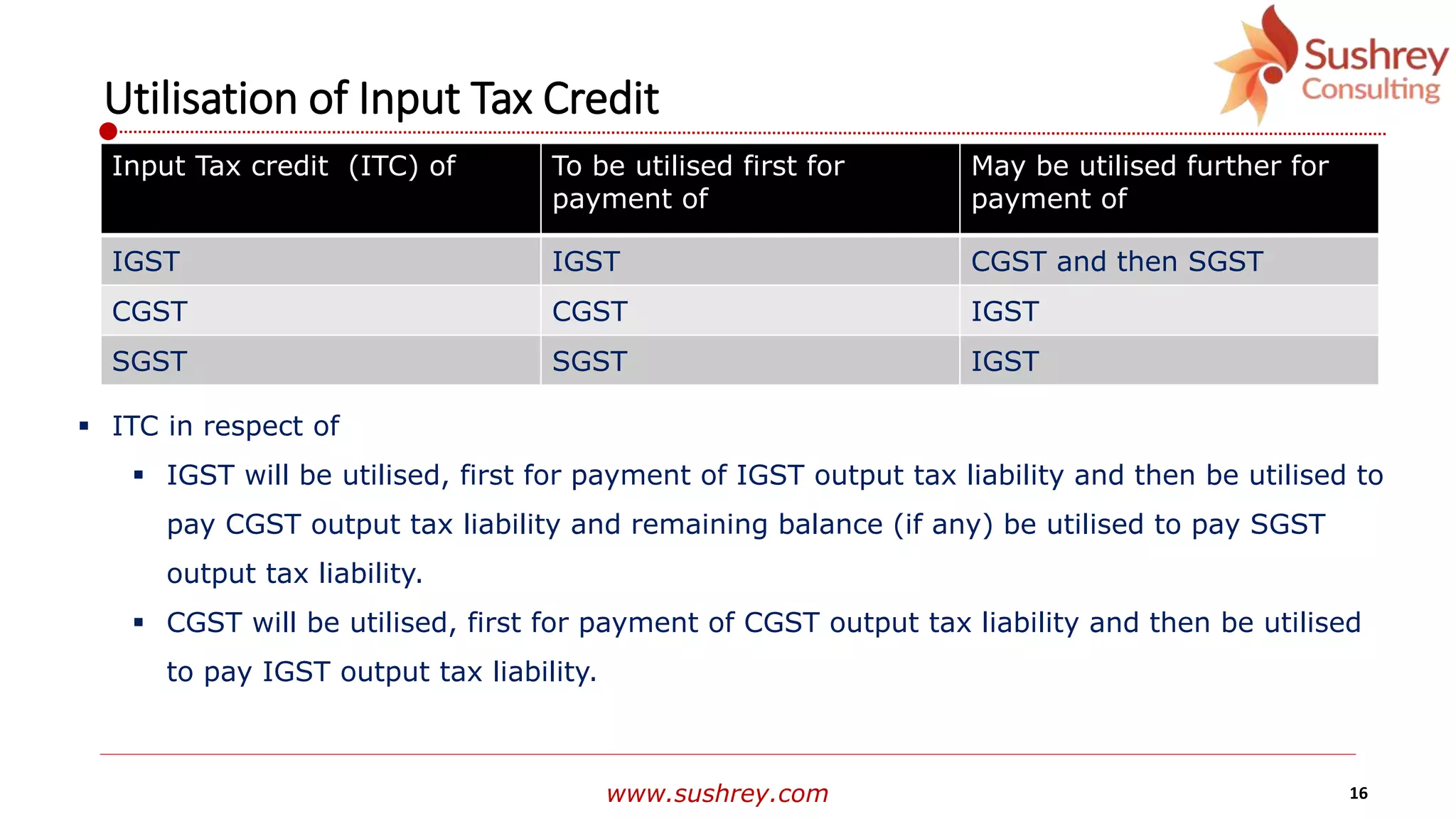 www.sushrey.com 16
Utilisation of Input Tax Credit
Input Tax credit (ITC) of To be utilised first for
payment of
May be utilised further for
payment of
IGST IGST CGST and then SGST
CGST CGST IGST
SGST SGST IGST
 ITC in respect of
 IGST will be utilised, first for payment of IGST output tax liability and then be utilised to
pay CGST output tax liability and remaining balance (if any) be utilised to pay SGST
output tax liability.
 CGST will be utilised, first for payment of CGST output tax liability and then be utilised
to pay IGST output tax liability.
 