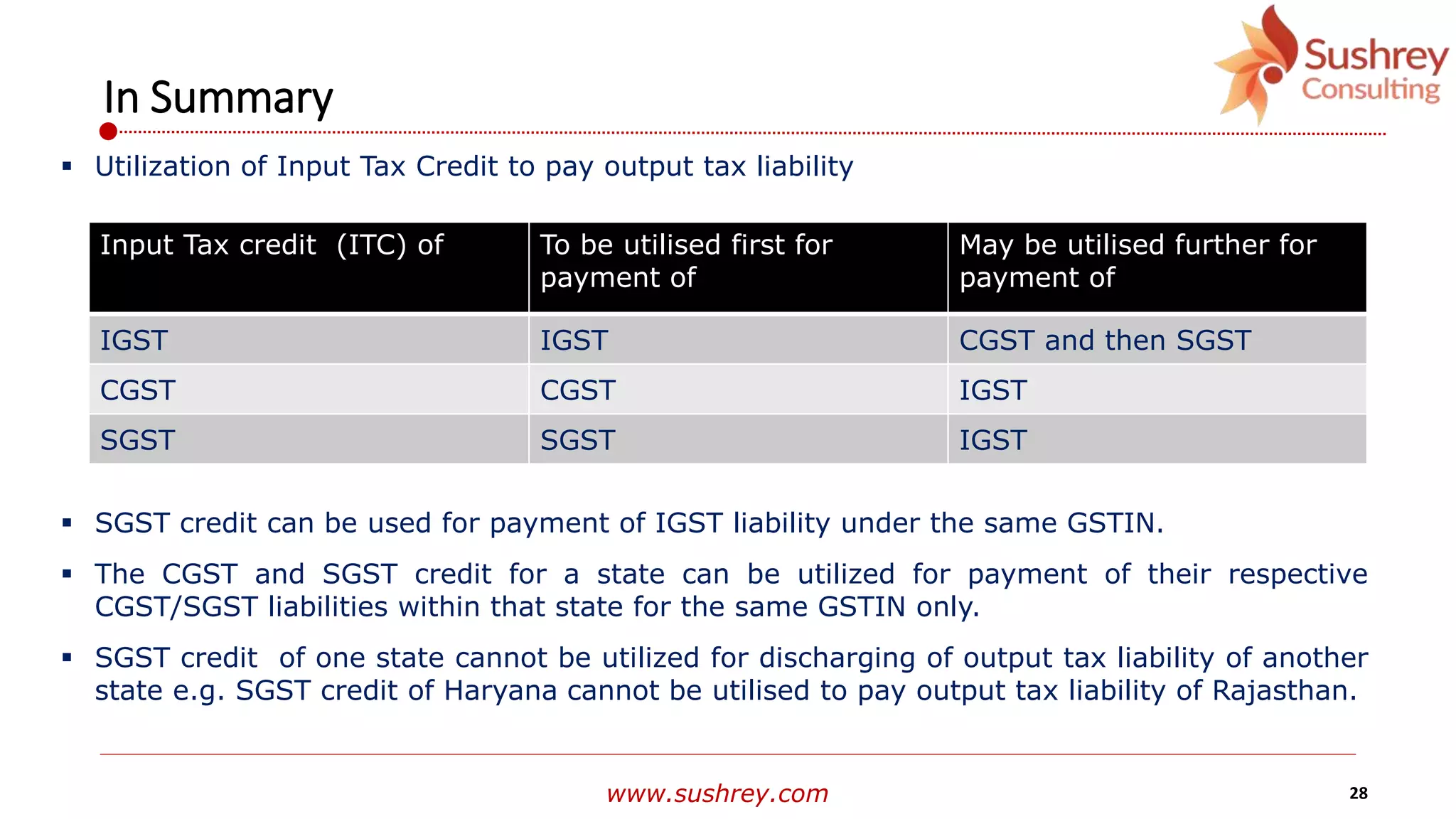 www.sushrey.com 28
In Summary
 Utilization of Input Tax Credit to pay output tax liability
 SGST credit can be used for payment of IGST liability under the same GSTIN.
 The CGST and SGST credit for a state can be utilized for payment of their respective
CGST/SGST liabilities within that state for the same GSTIN only.
 SGST credit of one state cannot be utilized for discharging of output tax liability of another
state e.g. SGST credit of Haryana cannot be utilised to pay output tax liability of Rajasthan.
Input Tax credit (ITC) of To be utilised first for
payment of
May be utilised further for
payment of
IGST IGST CGST and then SGST
CGST CGST IGST
SGST SGST IGST
 