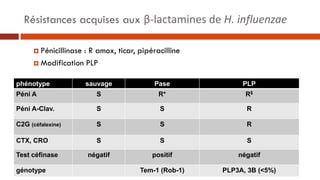Résistances acquises de H. influenzae
 Résistance aux beta-lactamines :
 Péni G ≥ 12 mm : Rendre les β-lactamines S sauf...