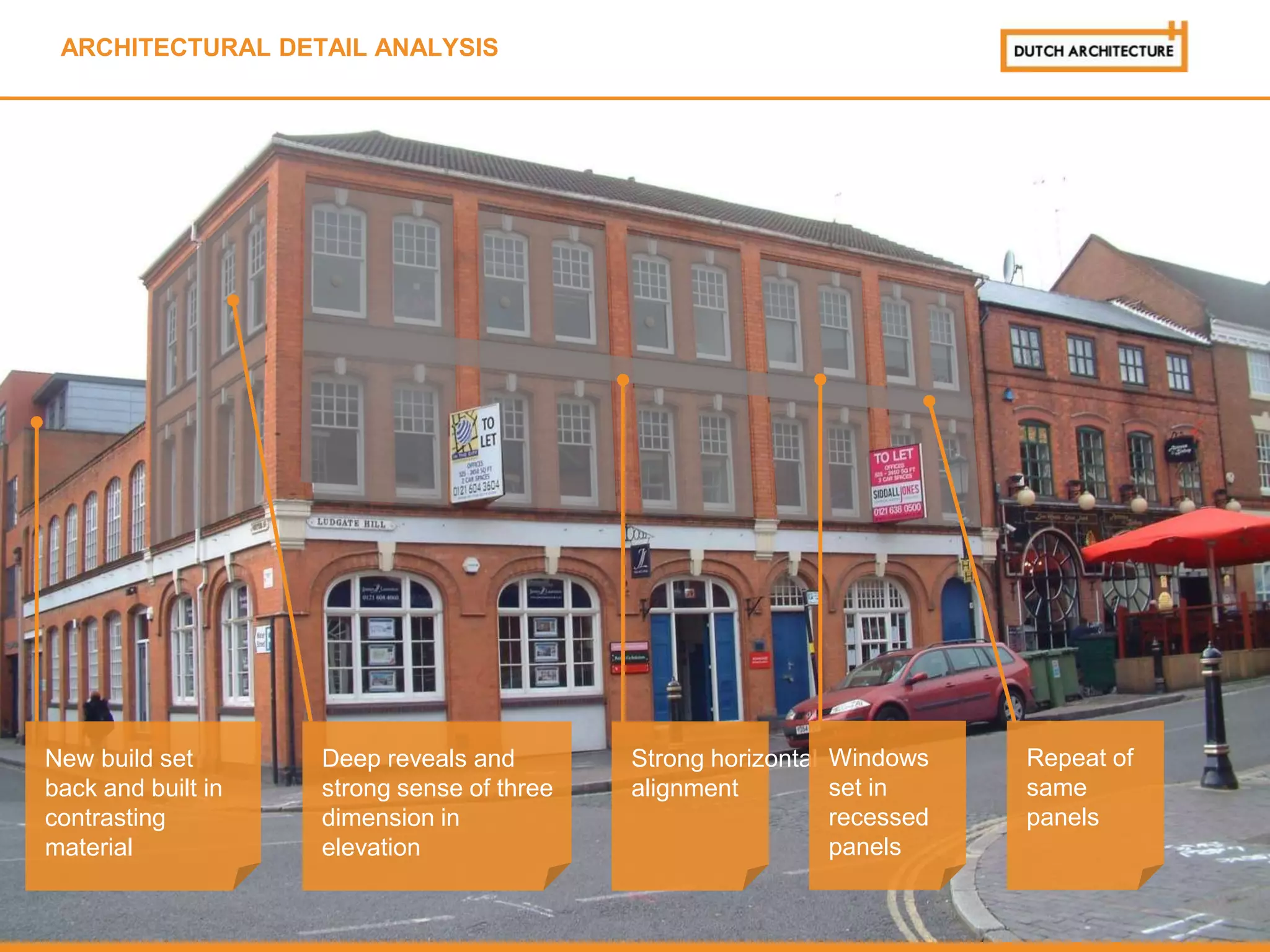 New build set
back and built in
contrasting
material
Deep reveals and
strong sense of three
dimension in
elevation
Strong horizontal
alignment
Windows
set in
recessed
panels
Repeat of
same
panels
ARCHITECTURAL DETAIL ANALYSIS
 
