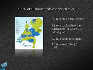>90% of all households connected to cable.

                      7.4 mln Dutch Households

                      5.8 mln cable television
                      subscribers (of which 2.3
                      mln digital)

                      2.2 mln cable broadband
                      1.5 mln voip through
                      cable
 