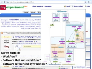 Do we sustain: 
-Workflow? 
- Software that runs workflow? 
- Software referenced by workflow? 
 