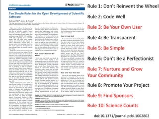 Rule 1: Don't Reinvent the Wheel 
Rule 2: Code Well 
Rule 3: Be Your Own User 
Rule 4: Be Transparent 
Rule 5: Be Simple 
Rule 6: Don't Be a Perfectionist 
Rule 7: Nurture and Grow 
Your Community 
Rule 8: Promote Your Project 
Rule 9: Find Sponsors 
Rule 10: Science Counts 
doi:10.1371/journal.pcbi.1002802 
 