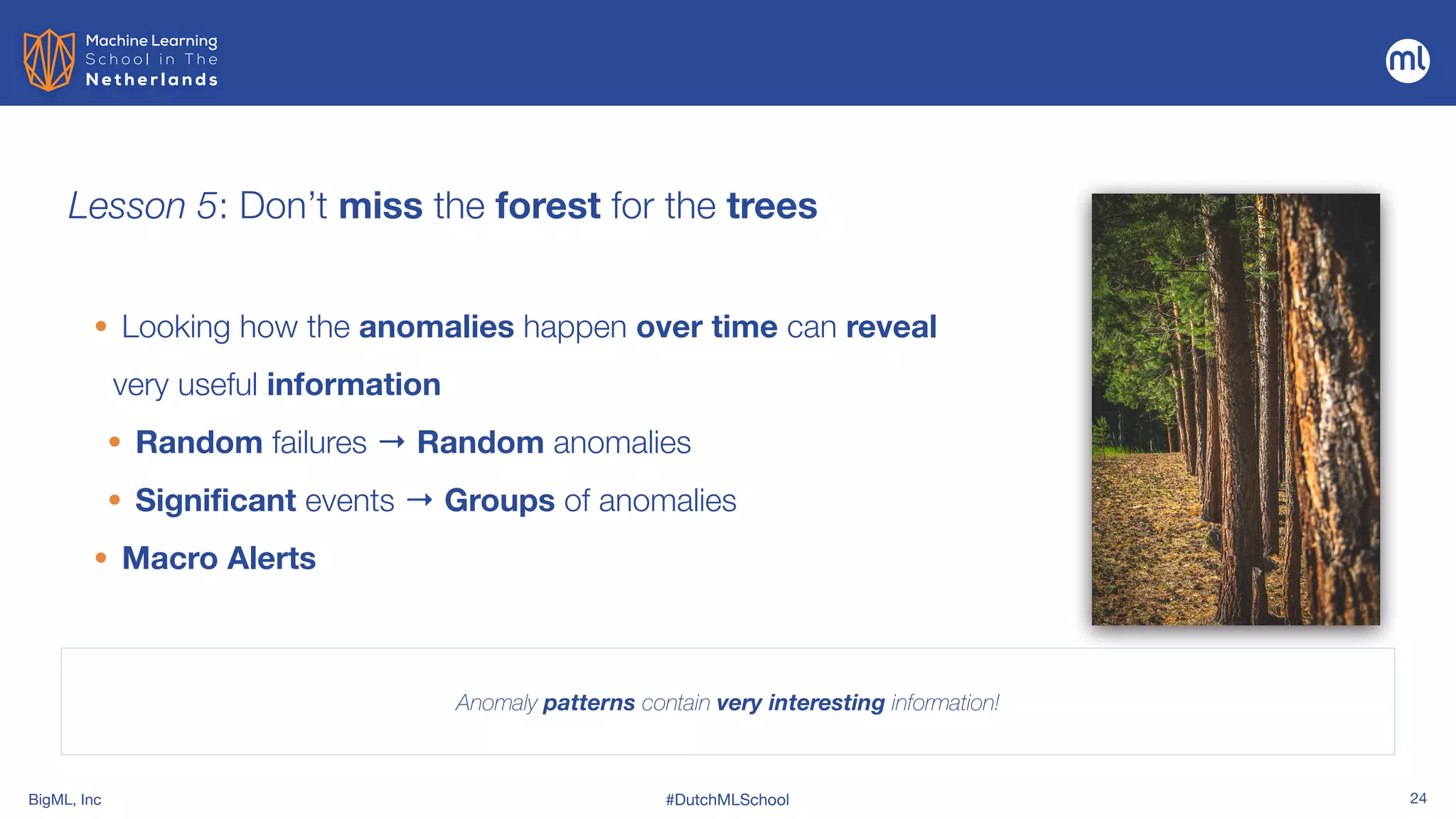 BigML, Inc #DutchMLSchool 24
Lesson 5: Don’t miss the forest for the trees
Anomaly patterns contain very interesting information!
• Looking how the anomalies happen over time can reveal
very useful information


• Random failures → Random anomalies


• Significant events → Groups of anomalies


• Macro Alerts
 
