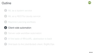 Outline
1 ML as a system service
2 ML as a RESTful cloudy service
3 Machine Learning worflows
4 Client–side automation
5 Server–side workflow automation
6 A first taste of WhizzML: abstraction is back
7 And back to the (distributed) client: BigMLOps
25 / 61
 