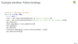 Example workflow: Python bindings
# Now do it 100 times, serially
for i in range(0, 100):
r, s = 0.8, i
train = api.create_dataset(dataset, {"rate": r, "seed": s})
test = api.create_dataset(dataset, {"rate": r, "seed": s, "out_of_bag": True})
api.ok(train)
model.append(api.create_model(train))
api.ok(model)
api.ok(test)
evaluation.append(api.create_evaluation(model, test))
api.ok(evaluation[i])
30 / 61
 