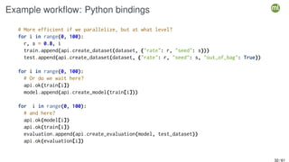 Example workflow: Python bindings
# More efficient if we parallelize, but at what level?
for i in range(0, 100):
r, s = 0.8, i
train.append(api.create_dataset(dataset, {"rate": r, "seed": s}))
test.append(api.create_dataset(dataset, {"rate": r, "seed": s, "out_of_bag": True})
for i in range(0, 100):
# Or do we wait here?
api.ok(train[i])
model.append(api.create_model(train[i]))
for i in range(0, 100):
# and here?
api.ok(model[i])
api.ok(train[i])
evaluation.append(api.create_evaluation(model, test_dataset))
api.ok(evaluation[i])
32 / 61
 