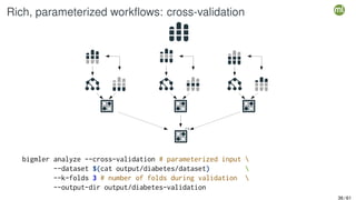 Rich, parameterized workflows: cross-validation
bigmler analyze --cross-validation # parameterized input 
--dataset $(cat output/diabetes/dataset) 
--k-folds 3 # number of folds during validation 
--output-dir output/diabetes-validation
36 / 61
 