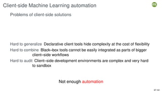 Client-side Machine Learning automation
Problems of client-side solutions
Hard to generalize Declarative client tools hide complexity at the cost of flexibility
Hard to combine Black–box tools cannot be easily integrated as parts of bigger
client–side workflows
Hard to audit Client–side development environments are complex and very hard
to sandbox
Not enough automation
37 / 61
 