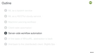 Outline
1 ML as a system service
2 ML as a RESTful cloudy service
3 Machine Learning worflows
4 Client–side automation
5 Server–side workflow automation
6 A first taste of WhizzML: abstraction is back
7 And back to the (distributed) client: BigMLOps
39 / 61
 