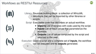 Workflows as RESTful Resources
Library Reusable building-block: a collection of WhizzML
definitions that can be imported by other libraries or
scripts.
Script Executable code that describes an actual workflow.
• Imports List of libraries with code used by the script.
• Inputs List of input values that parameterize the
workflow.
• Outputs List of values computed by the script and
returned to the user.
Execution Given a script and a complete set of inputs, the workflow
can be executed and its outputs generated.
45 / 61
 