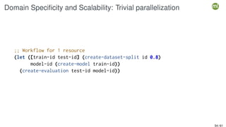 Domain Specificity and Scalability: Trivial parallelization
;; Workflow for 1 resource
(let ([train-id test-id] (create-dataset-split id 0.8)
model-id (create-model train-id))
(create-evaluation test-id model-id))
54 / 61
 