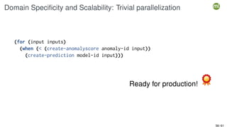 Domain Specificity and Scalability: Trivial parallelization
(for (input inputs)
(when (< (create-anomalyscore anomaly-id input))
(create-prediction model-id input)))
Ready for production!
58 / 61
 