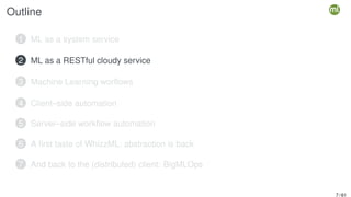 Outline
1 ML as a system service
2 ML as a RESTful cloudy service
3 Machine Learning worflows
4 Client–side automation
5 Server–side workflow automation
6 A first taste of WhizzML: abstraction is back
7 And back to the (distributed) client: BigMLOps
7 / 61
 