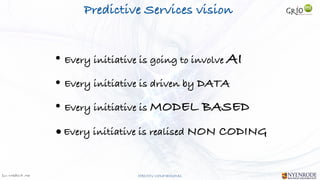 Jan W
. Veldsink MSc STRICTLY CONFIDENTIAL
Predictive Services vision
• Every initiative is going to involve AI


• Every initiative is driven by DATA


• Every initiative is MODEL BASED


•Every initiative is realised NON CODING
 