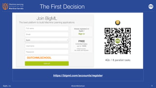 BigML, Inc #DutchMLSchool
The First Decision
9
https://bigml.com/accounts/register
4Gb / 8 parallel tasks
DUTCHMLSCHOOL
 