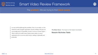 BigML, Inc #DutchMLSchool 14
The problem: We are trying to
fi
nd black swans
The Black Swan: The Impact of the Highly Improbable
Nassim Nicholas Taleb
Smart Video Review Framework
 